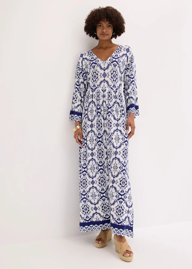 Robe longue et douce en jersey viscose, Couleur: blanc/bleu imprimé