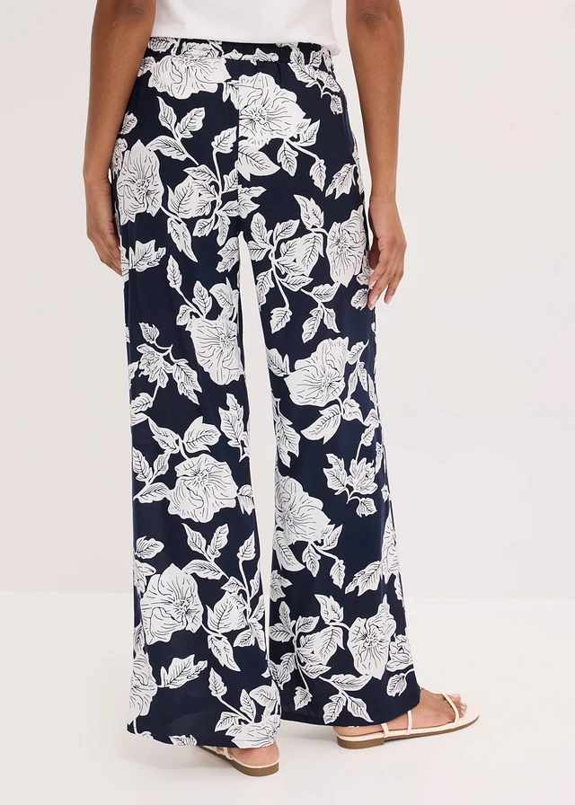 Palazzo broek van soepele viscose, Kleur: donkerblauw/wit gebloemd