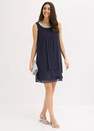 Robe en crêpe avec application de strass, Couleur: bleu foncé