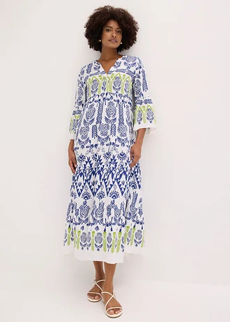 Robe longue en viscose fluide, Couleur: blanc-bleu-vert imprimé