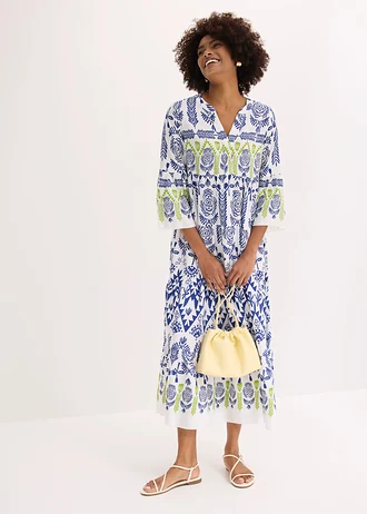 Maxi jurk van soepele viscose, Kleur: wit/blauw/groen met print