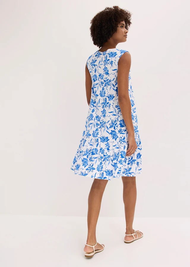 Robe midi 100% coton, Couleur: blanc/bleu azur floral