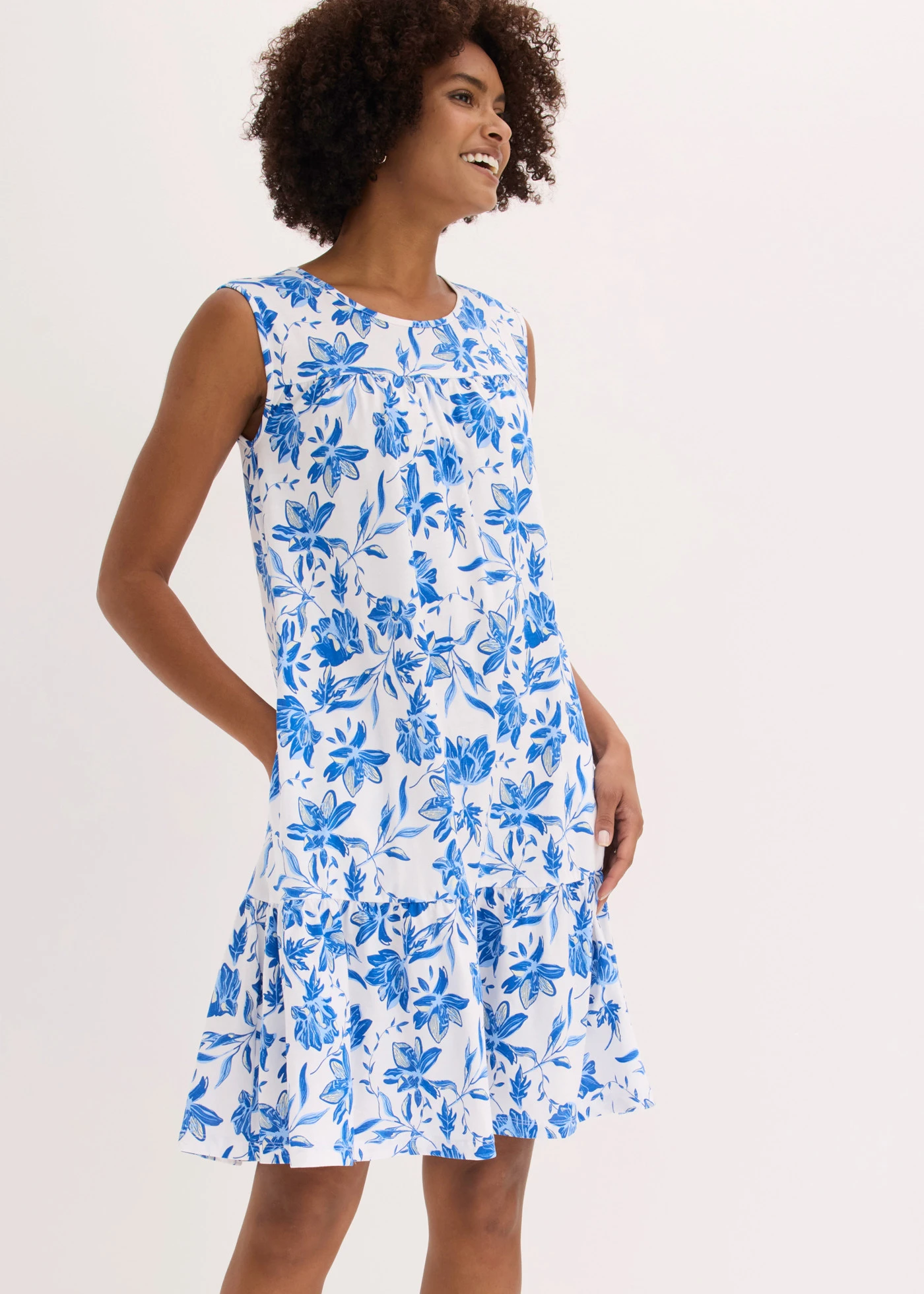 Midi jurk van puur katoen • wit-azuurblauw gebloemd • bonprix online shop