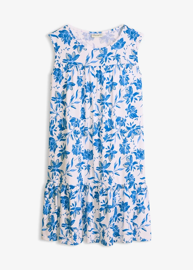 Robe midi 100% coton, Couleur: blanc/bleu azur floral