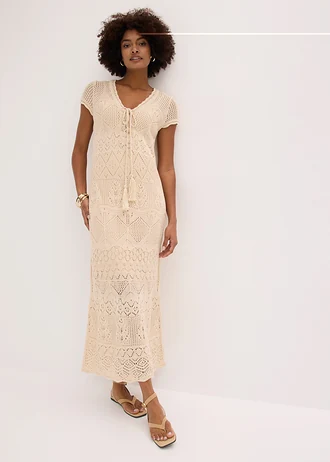 Gebreide jurk met ajourpatroon • crème • bonprix online shop