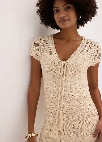 Gebreide jurk met ajourpatroon • crème • bonprix online shop