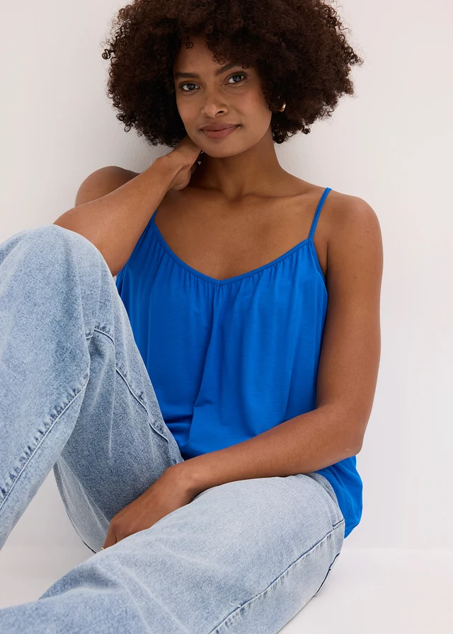 Top à fines bretelles en viscose fluide bleu azur