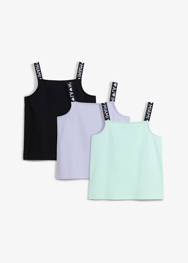 Top din amestec elastic de bumbac organic (set/3 buc.), culoare: verde-mentă pastel+lila pudrat+negru