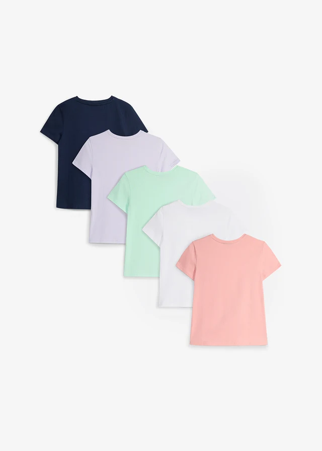 T-shirt van biologisch katoen (set van 5), Kleur: donkerblauw+parelmoerviolet+lichtmint+soft roze+wit