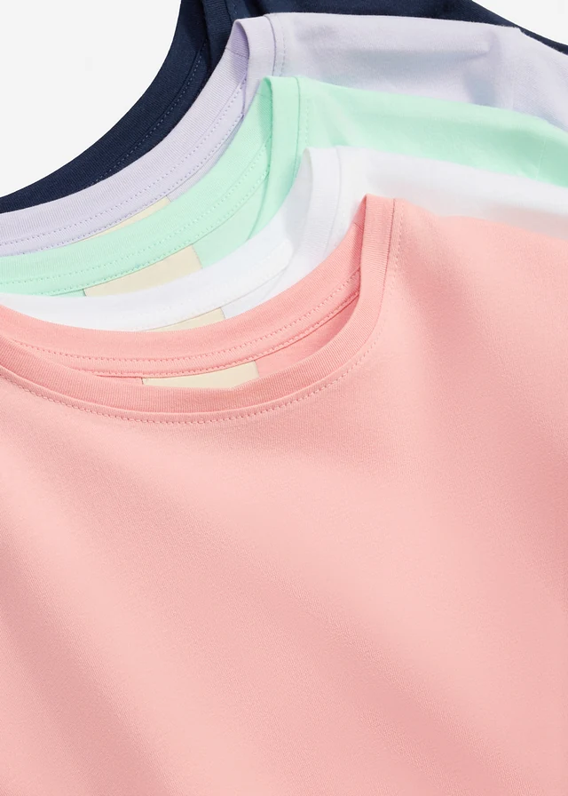 Lot de 5 T-shirts 100% coton, Couleur: bleu foncé + violet nacré + menthe clair + rose pâle + blanc
