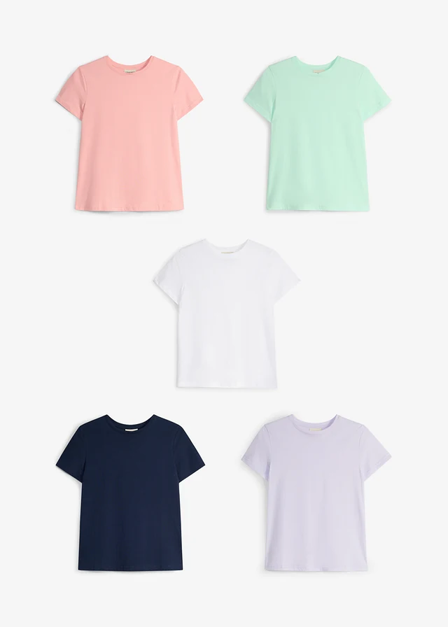 Póló tiszta bio-pamutból (3 db-os csomag), szín: sötétkék+gyöngy ibolyalila+világos menta+halvány rózsaszín+fehér