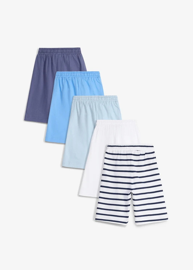 Lot de 5 bermudas en jersey 100% coton, Couleur: bleu foncé + indigo + bleu moyen + bleu poudré + blanc-bleu foncé rayé