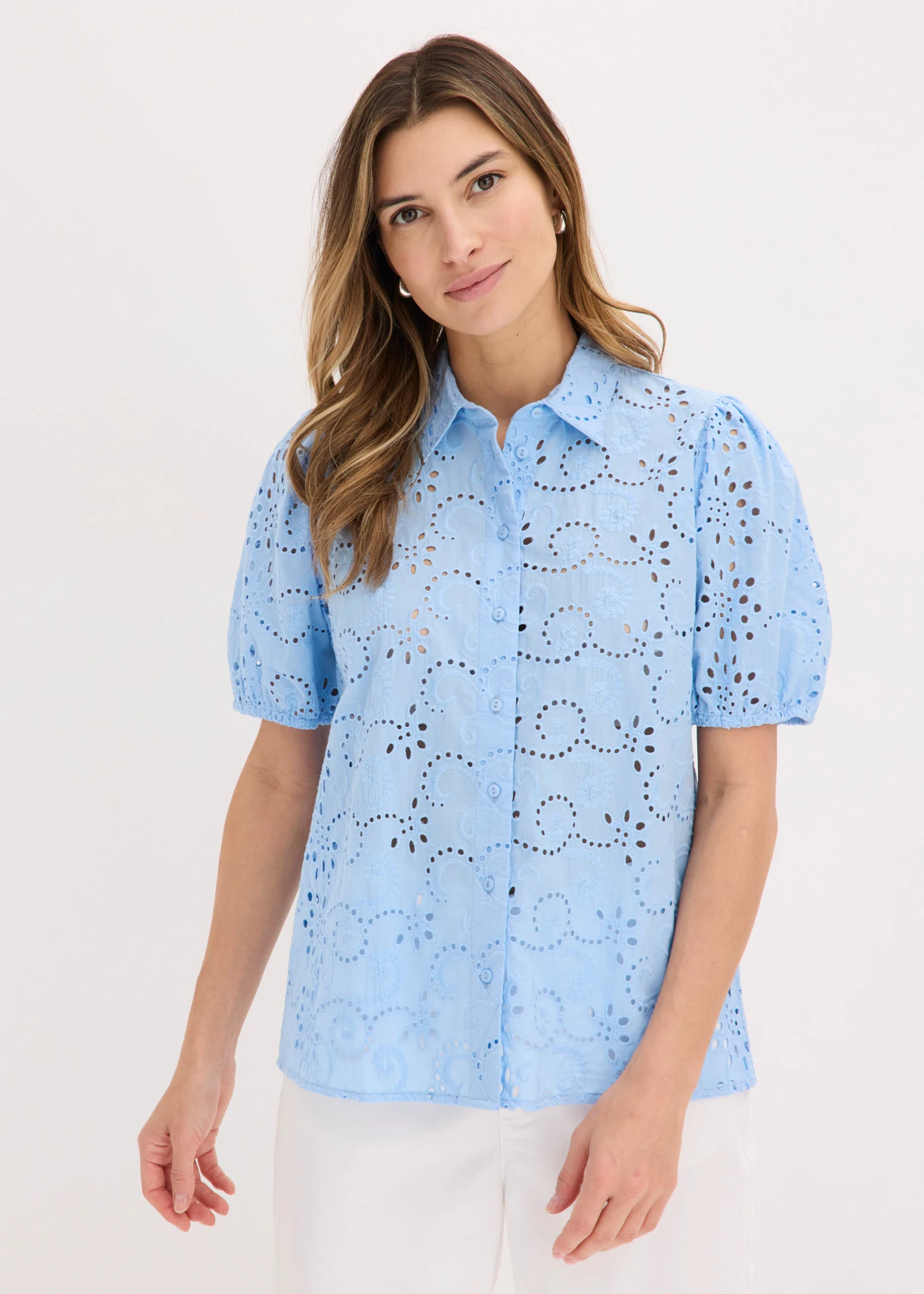 Rochie tip bluză cu broderie spartă din bumbac 100% • bleu • magazin bonprix