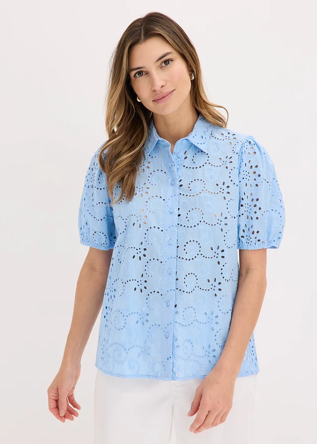 Rochie tip bluză cu broderie spartă din bumbac 100%, culoare: bleu