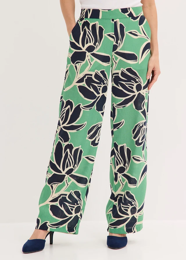 Pantalon palazzo, aspect lin, Couleur: vert opale-bleu foncé-beige floral