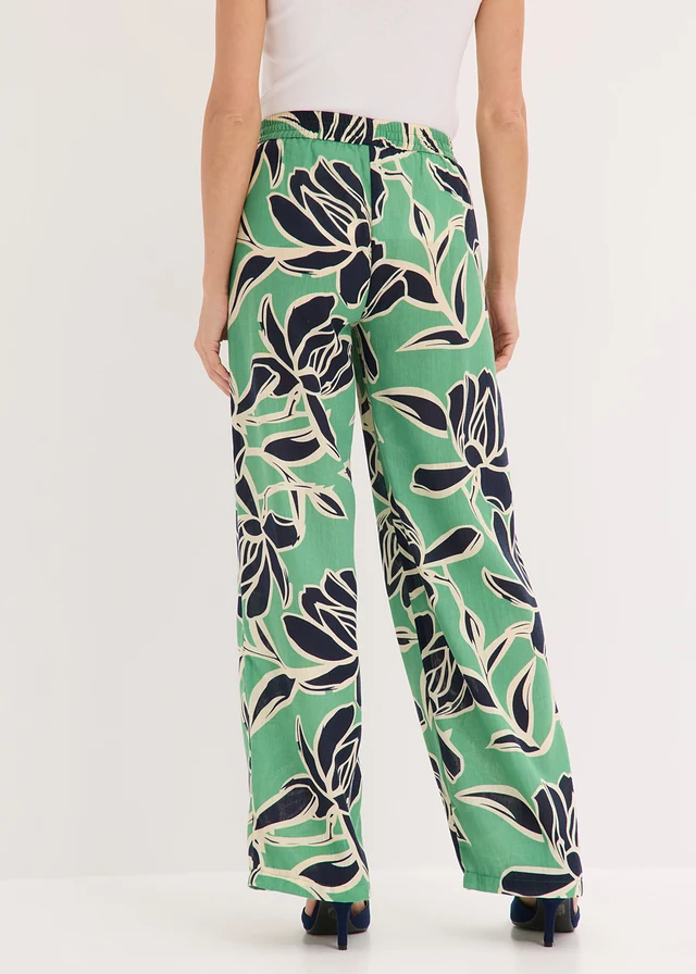 Pantalon palazzo, aspect lin, Couleur: vert opale-bleu foncé-beige floral