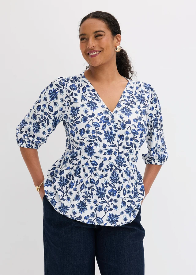 T-shirt tunique, Couleur: écru/bleu floral