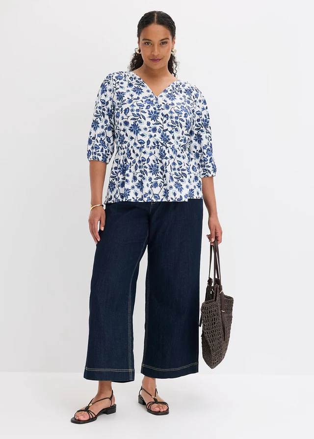 Shirt tuniek van gestructureerde crêpe, Kleur: wolwit-blauw gebloemd