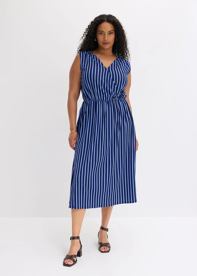 Jersey jurk van gestructureerde crêpe, Kleur: blauw verticaal gestreept