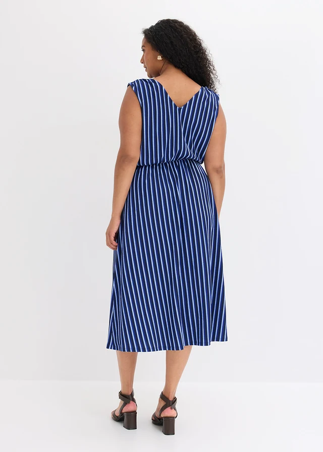 Jersey jurk van gestructureerde crêpe, Kleur: blauw verticaal gestreept