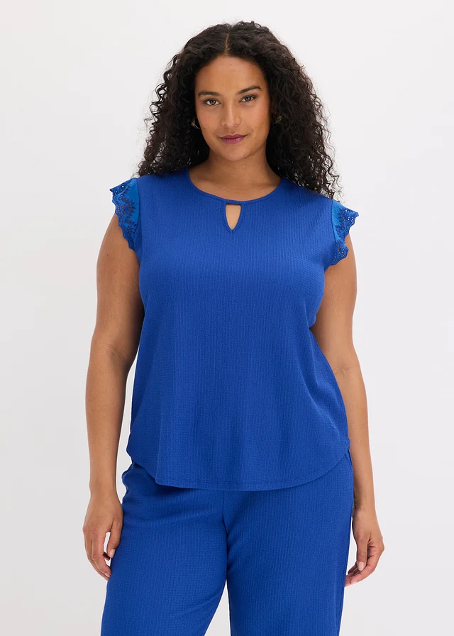 Mouwloos shirt van gestructureerde crêpe, Kleur: kobaltblauw