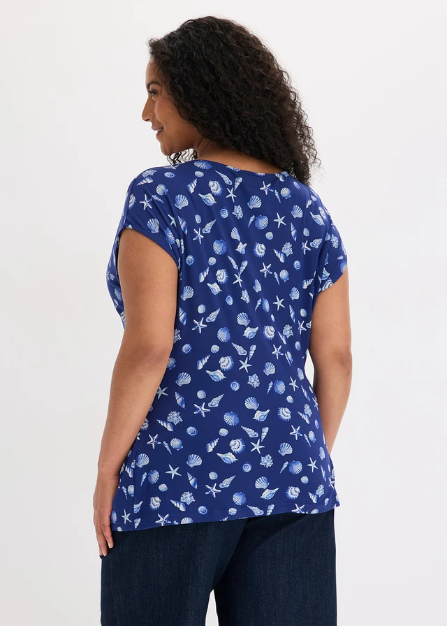 Top en viscose douce, Couleur: bleu cobalt-écru imprimé