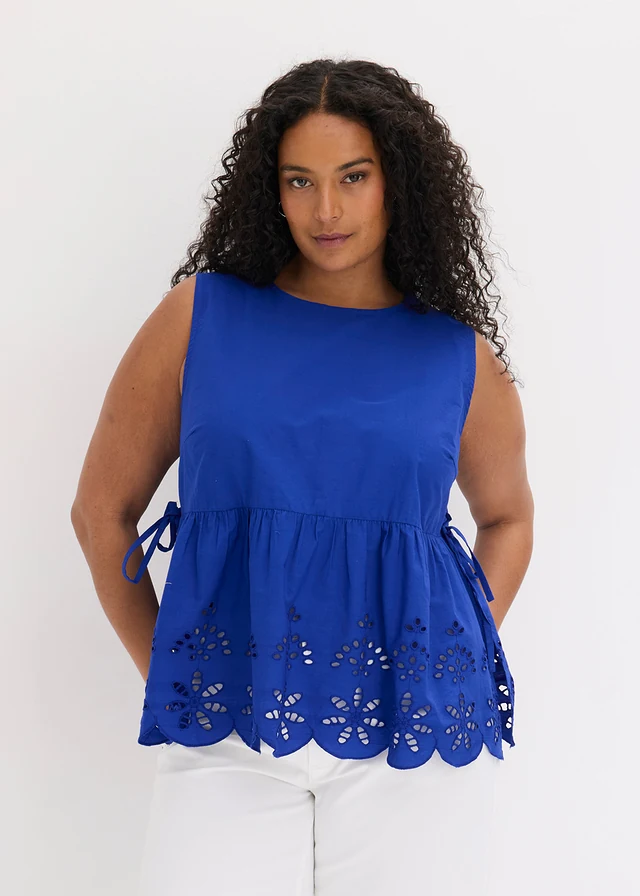 Blouse sans manches avec broderies anglaises, fendue sur les côtés, Couleur: bleu cobalt
