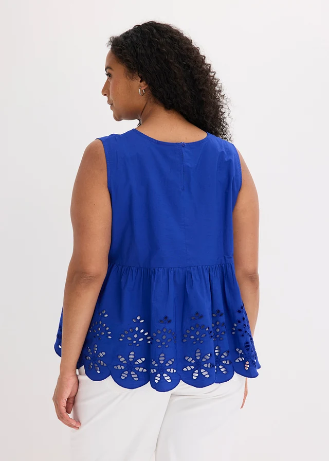 Blouse sans manches avec broderies anglaises, fendue sur les côtés, Couleur: bleu cobalt