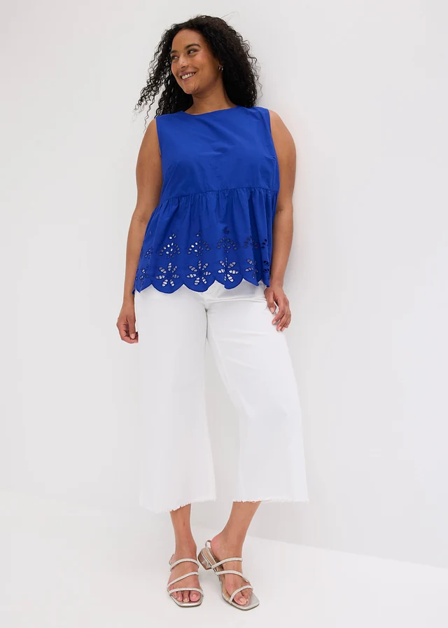 Blouse sans manches avec broderies anglaises, fendue sur les côtés, Couleur: bleu cobalt