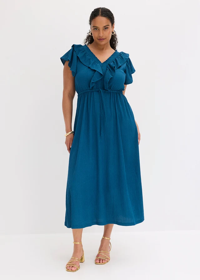 Maxi jurk met volant, Kleur: blauwpetrol