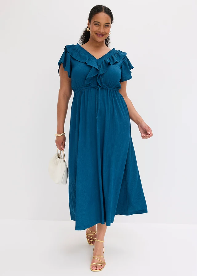 Maxi jurk met volant, Kleur: blauwpetrol