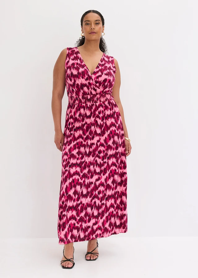 Maxi jurk van een zachte viscosemix, Kleur: bessenrood-esdoornrood met print