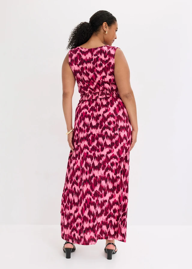 Robe longue en viscose douce et extensible, Couleur: magenta-rouge érable imprimé