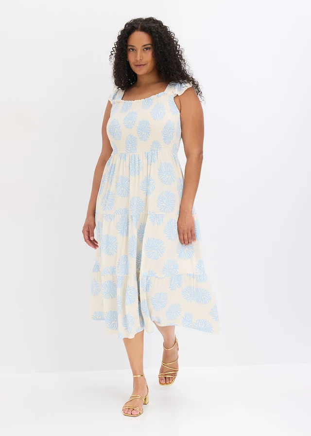 Jersey jurk in een zachte viscosemix, Kleur: wolwit-lichtblauw met print