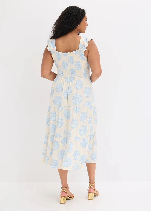 Jersey jurk in een zachte viscosemix, Kleur: wolwit-lichtblauw met print
