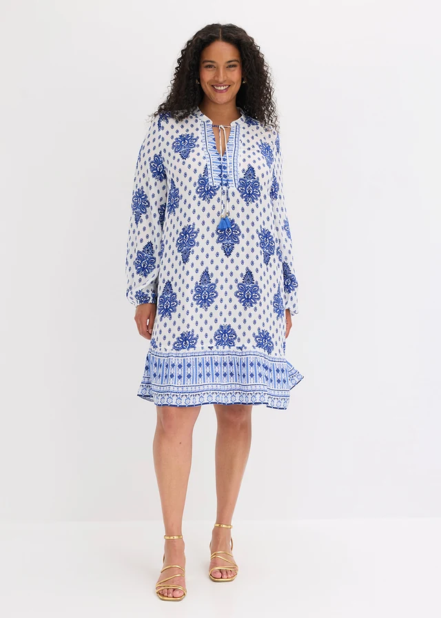 Robe-tunique en viscose texturée, Couleur: blanc/bleu imprimé
