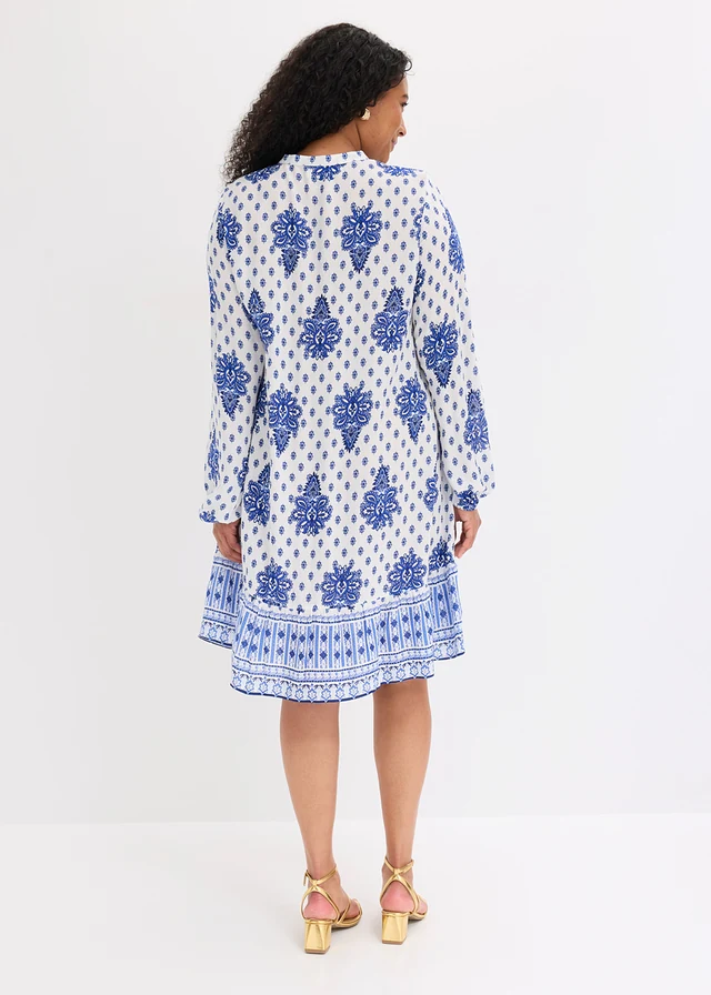 Tuniekjurk van gestructureerde viscose, Kleur: wit-blauw gedessineerd