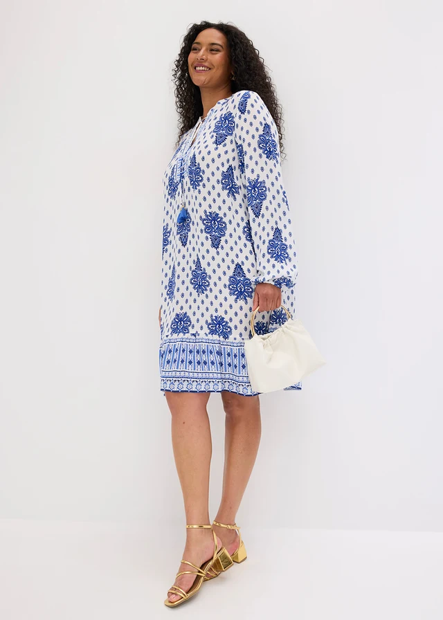 Robe-tunique en viscose texturée, Couleur: blanc/bleu imprimé