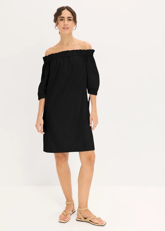 Robe col Bardot 100% coton avec broderies anglaises, Couleur: noir