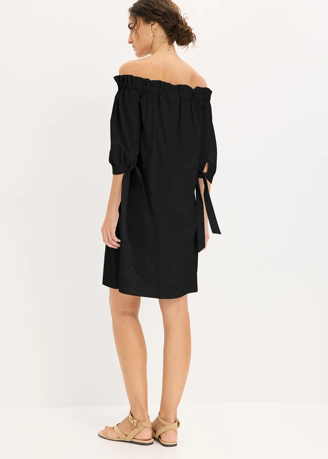 Robe col Bardot 100% coton avec broderies anglaises, Couleur: noir