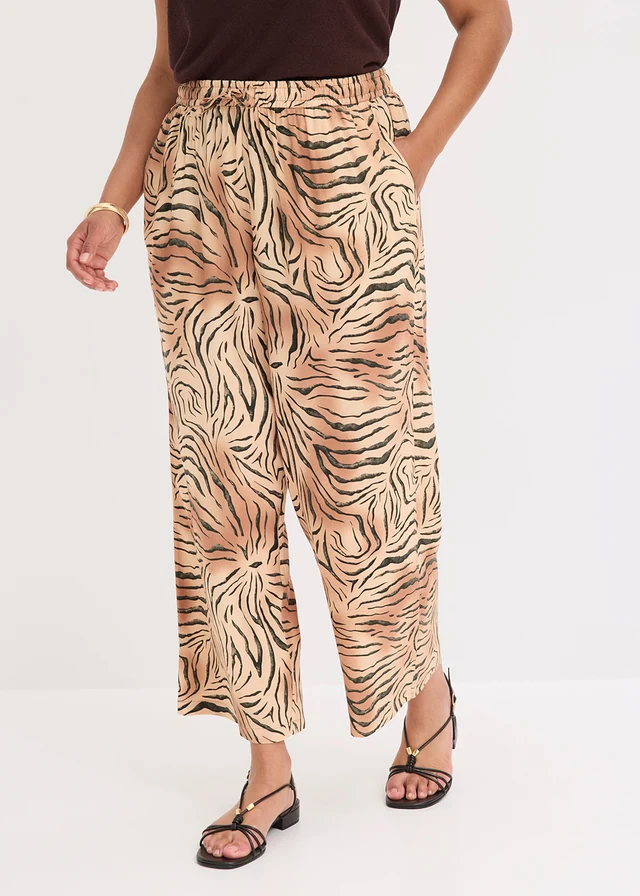 Wijde broek met comfortabele tailleband, Kleur: mat camel-donkerbruin gedessineerd