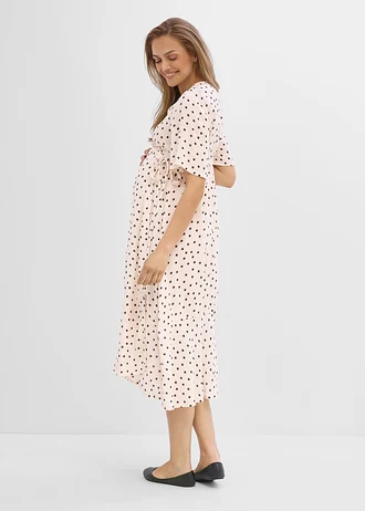 2-in-1 zwangerschaps- en voedingsjurk van soepele viscose crêpe, Kleur: sandbeige-zwart gestippeld