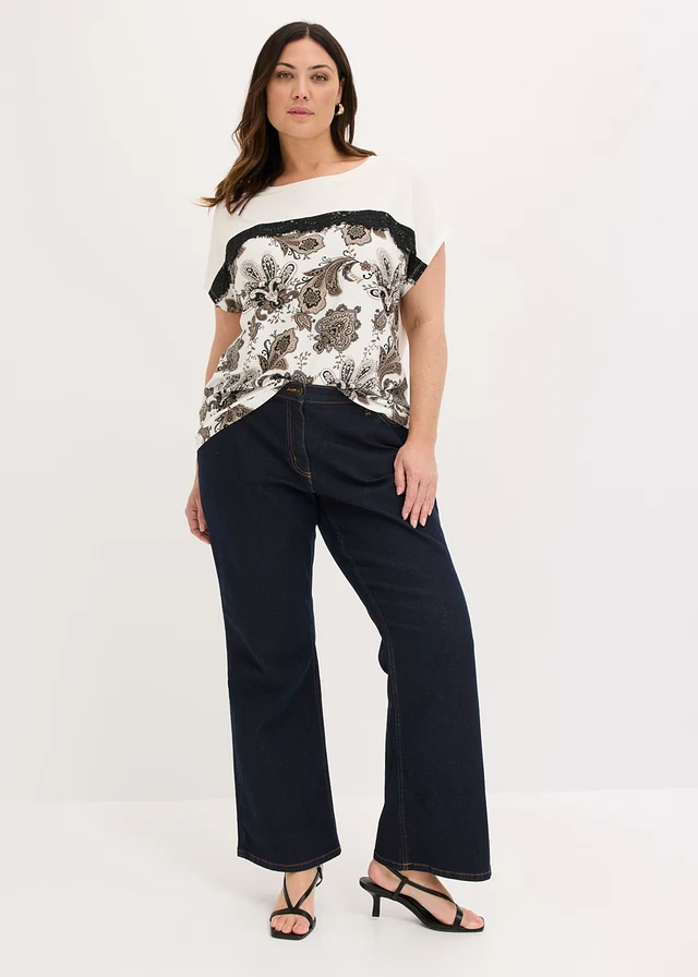 Oversized shirt met een band van kant, Kleur: wolwit/zwart paisley