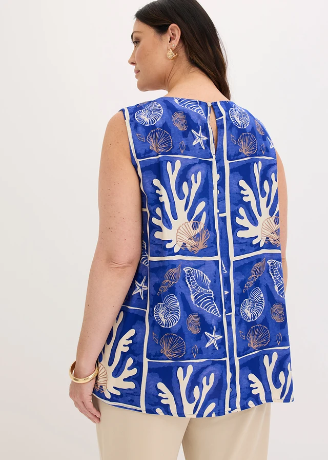 Blousetop van soepele viscose, Kleur: kiezelbeige-kobaltblauw gedessineerd