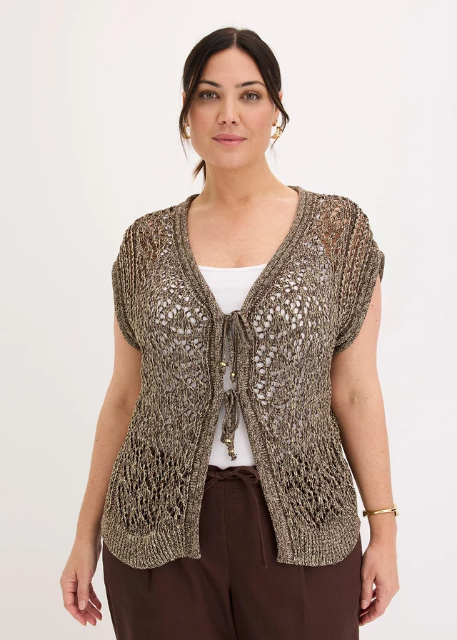 Ajour gebreid vest met viscose en glittergaren, Kleur: donkerbruin/metallic goud