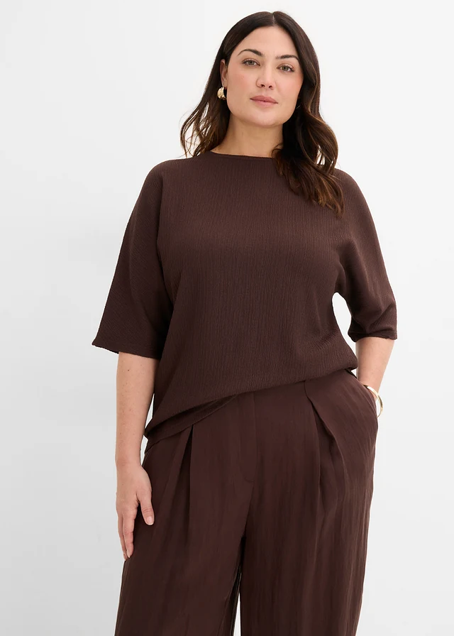 T-shirt en matière texturée, Couleur: marron foncé