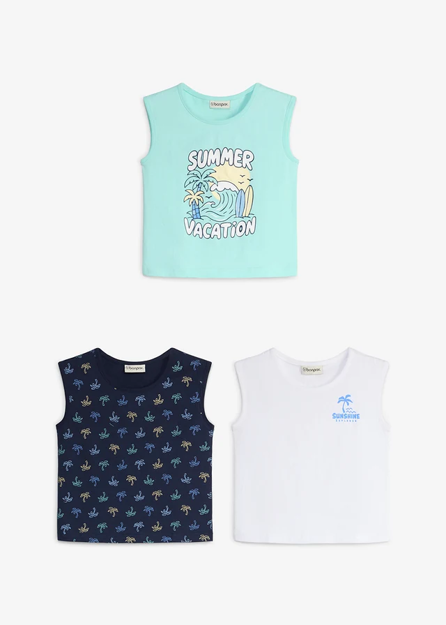 Tank top z czystej bawełny (3 sztuki) • błękit wodny+biały+ciemnoniebieski • sklep bonprix