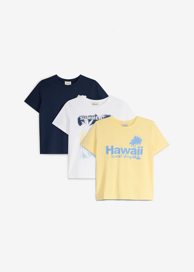 T-shirt van puur biologisch katoen (set van 3) • donkerblauw+wit+pastelgeel met print • product-page.page-title-suffix