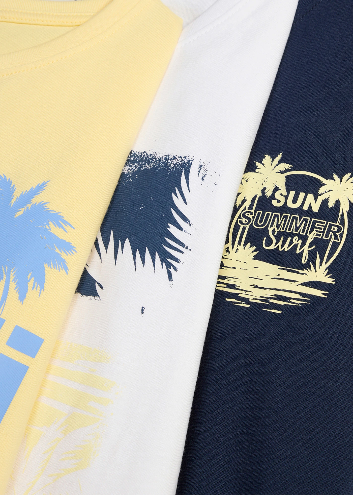 Lot de 3 T-shirts 100% coton • bleu foncé + blanc + jaune pastel imprimé • product-page.page-title-suffix