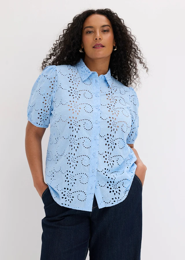 Chemisier en broderie anglaise, 100% coton, Couleur: bleu clair